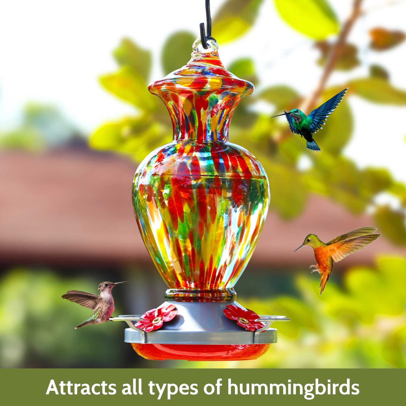 Birdkiss Hanging Hummingbird Feeders for Patio Decor, Hand Blown Glass Hummingbird Feeders with Leak Proof, Rustproof & Ant Moat, 20 fl. oz Capacity