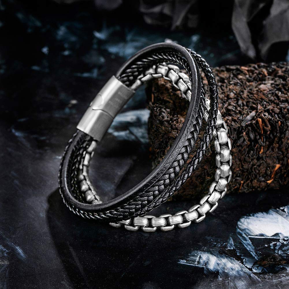 murtoo Mens Bracelet Leather and Steel, Stainless Steel Chain and Leather Bracelets for Men, Wristband Gift for Husband Boyfriend Father