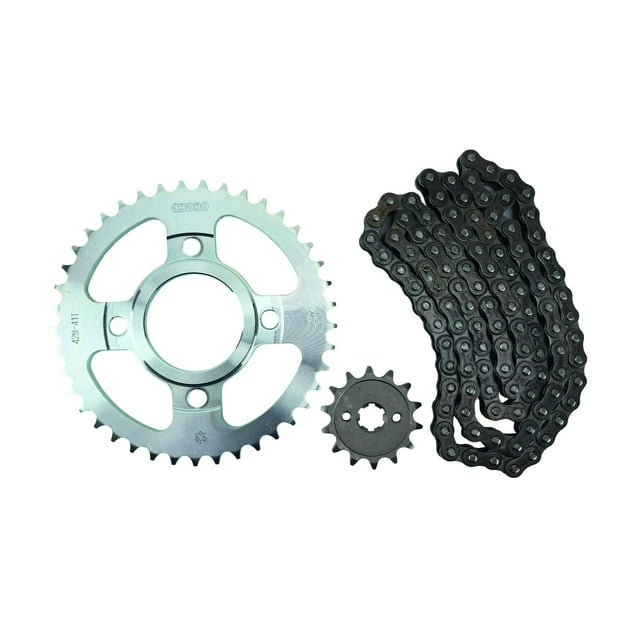engrane 41x14 cadena 428hx108l set italika 125 fl (19-24) choho Set de transmisión para Italika 125 FL (2019-2024), vista frontal centrada con corona de 41 dientes, piñón de 14 dientes y cadena 428 de 108 eslabones en acabado metálico y negro, marca Choho, para sistema de tracción; adecuado para mantenimientos y reemplazos en talleres pequeños.