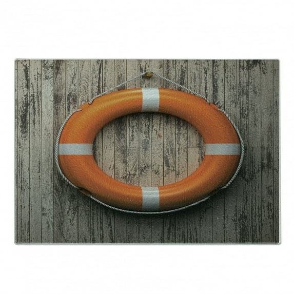 Coastal Cutting Board, Attached to a Wooden Wall Hardwood with Grunge Rustic Aged Look Print, Decorative Tempered Glass Cutting and Serving Board, Small Size, Tan Orange White, by Ambesonne
