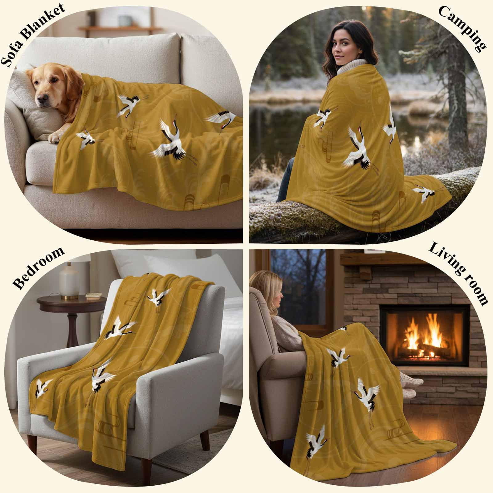 Japanese Style Blanket Soft Cozy Warm Throw Blanket for Couch, Plush Fuzzy Flannel Fleece Blankets for Sofa, Vintage Art Cranes Ocean Wave Yellow Bed Blankets Lightweight Gifts for Women, 50"x80"