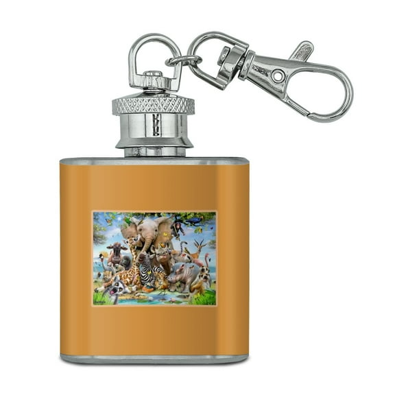 Africa Animals Smile Selfie Elephant Giraffe Zebra Hippo Rhino Stainless Steel 1oz Mini Flask Key Chain