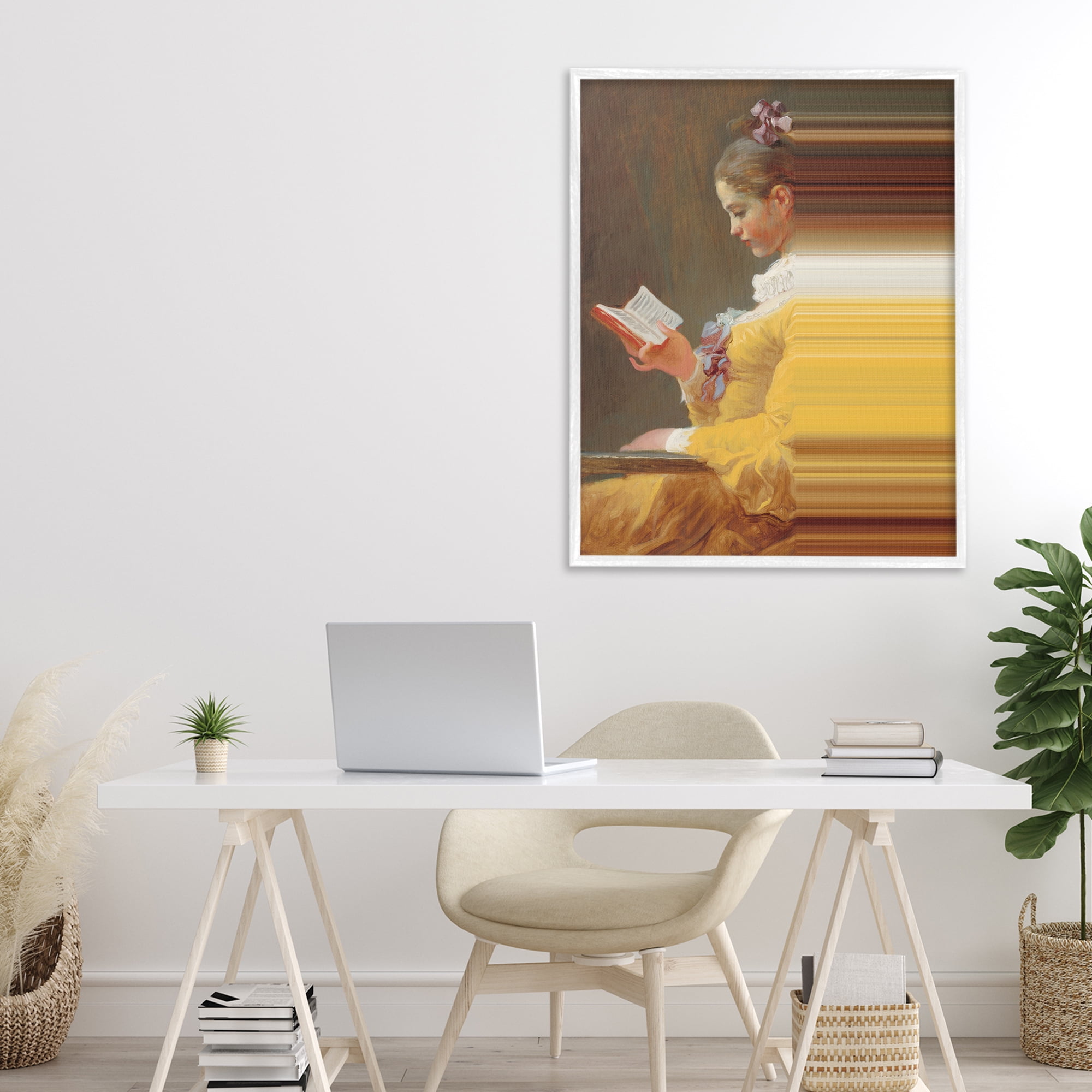 Vintage Lady Reading with Gradient Streaks White Framed Giclee Art, design by Seven Trees Design