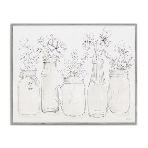 Stupell Industries Cottage Soft Muted Flower Arrangements Country Glass Jars Gray Framed Giclee Art, 30 x 24, by Beth Grove
