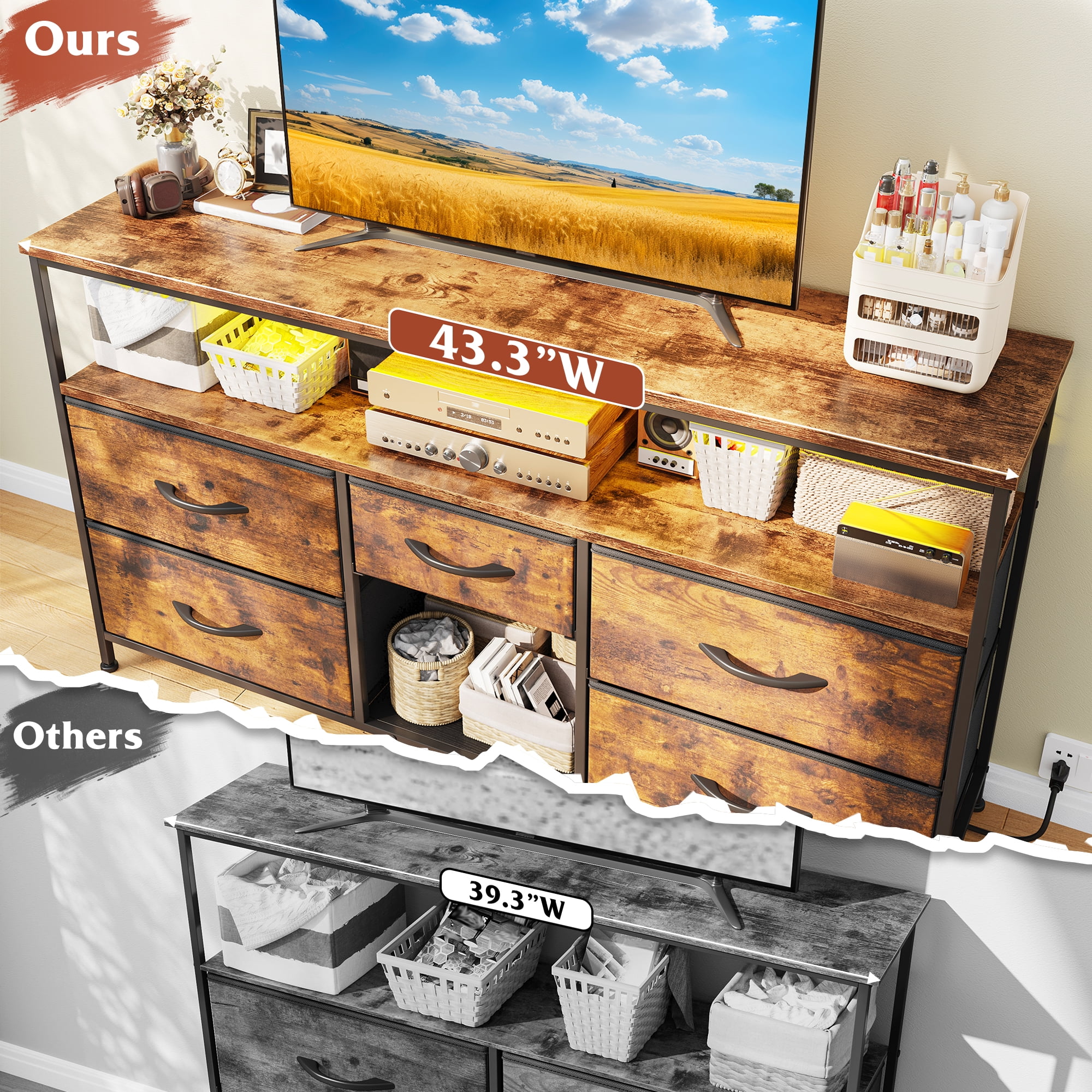 EnHomee 5 Drawers Dresser TV Stand for 50"Inch TV,Wide Dressers for Bedroom with LED Lights & Power Outlets,Rustic Brown