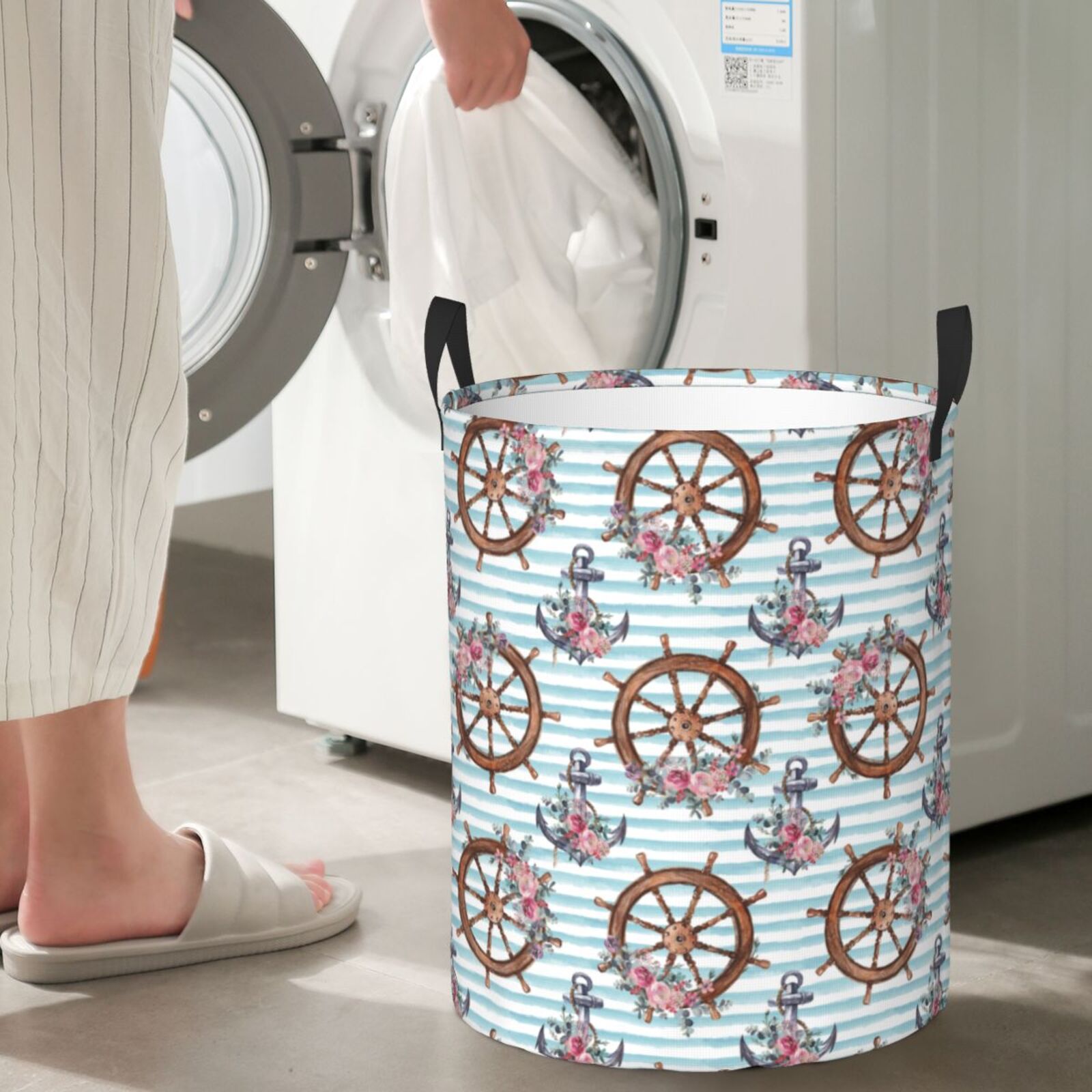 Large Laundry Basket with Handles - vintage anchor steering wheel flower Kids Baby Dirty Clothes Laundry Hamper for Bedroom Aesthetic