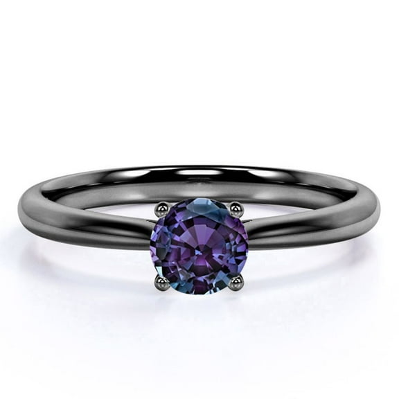 JeenMata One Stone .50 Carat Round Brilliant Cut Lab Created Alexandrite Traditional 4 Prong Engagement Ring in 18k Black Gold over Silver