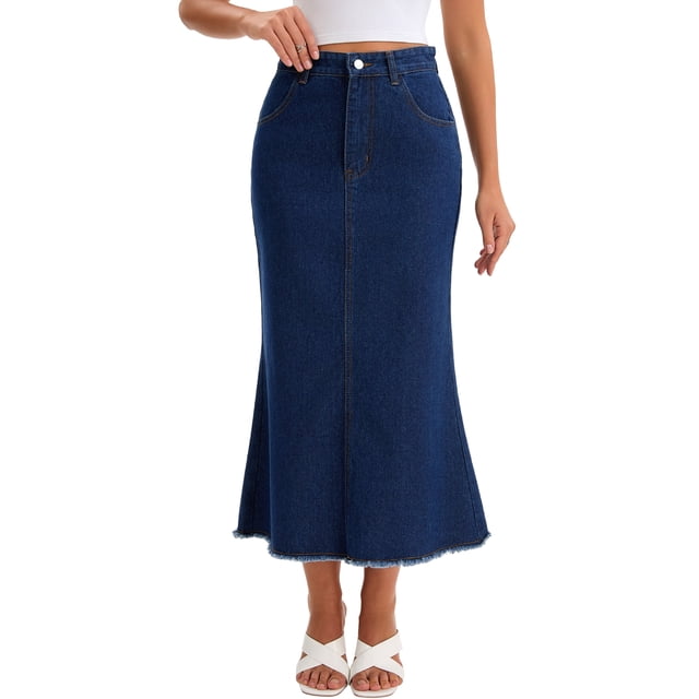 Falda de mezclilla maxi A Line de cintura alta INSPIRE CHIC para mujer, dobladillo deshilachado, falda de jeans casual L azul profundo
