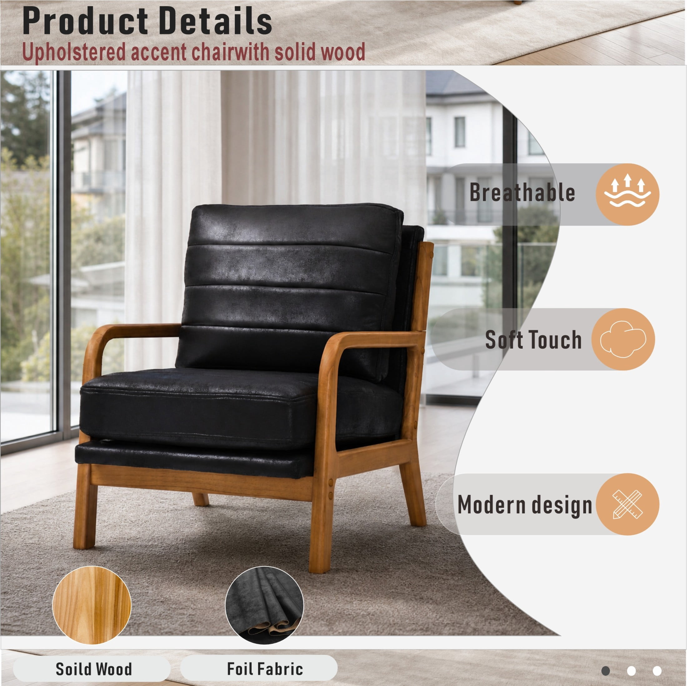 Noble House Mid-Century Modern Foil Fabric Upholstered Accent Chair, Solid Wood Frame, Black