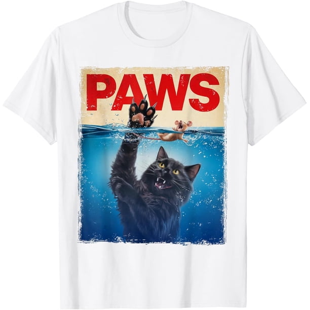 Paws - Camiseta de gato negro con parodia persiguiendo a un lindo ratón asustado