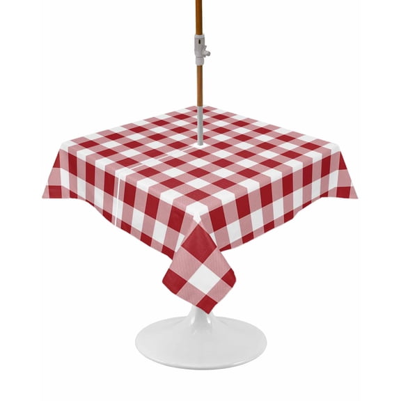 Outdoor Tablecloth with Umbrella Hole and Zipper Red White Plaid Square Tablecloths 54x54 Inch Waterproof Table Cloths Buffalo Check Geometric Patio Table Cover for Outdoor Tables Picnic BBQS Party