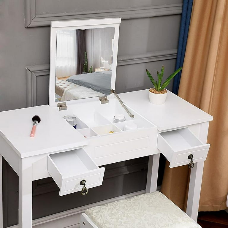 Ktaxon Vanity Set, White Dressing Table with Flip-top Mirror, 2