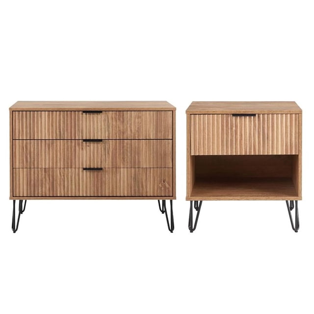 Pemberly Row Commode Standard à 3 Tiroirs 2 Pcs et Table de Nuit 1.0 en Brun Doré