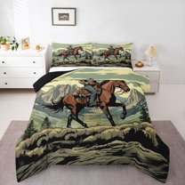 Homewish Western Horse Animal Full Size Comforter Sets, Retro Cartoon Cowgirl Bedding Comforter Set, Teens Kids Adult Reversible Bedding Sets, Breathable Home Decor, 3-Piece