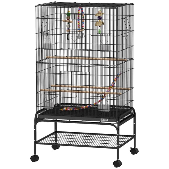 43" Steel Bird Cage with Rolling Stand, Black Flight Cage with Toys, Perches & Food Containers, Large Space for Budgies, Canaries & Parakeets, Indoor Pet Home with Storage Shelf