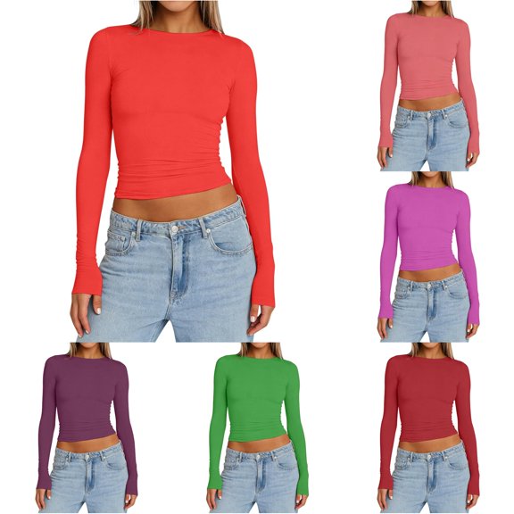 TIANZEN Women Long Sleeve Shirt Basic Crop Top Fashion Underwear Layer Slim Top Tunic Raglan