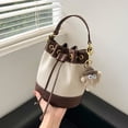 thumbnail image 4 of Women's Bucket Color-Block Genuine Leather Shoulder Bag, Off-White, Brown, 4 of 6