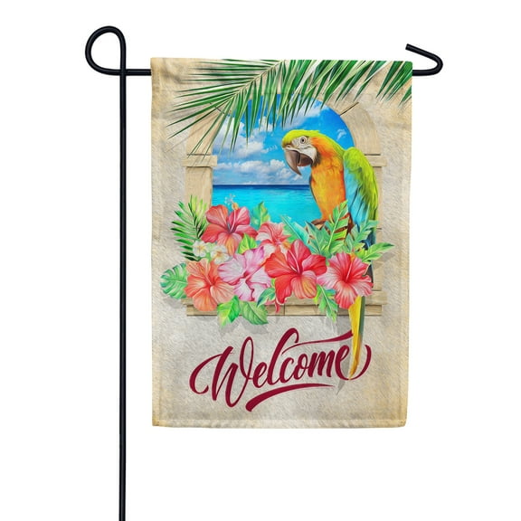 America Forever Welcome Macaw Hibiscus Summer Garden Flag 12.5 x 18 inches Tropical Bird Flowers Palm Leaves Nautical Double Sided Seasonal Yard Outdoor Decorative Coastal Garden Flag