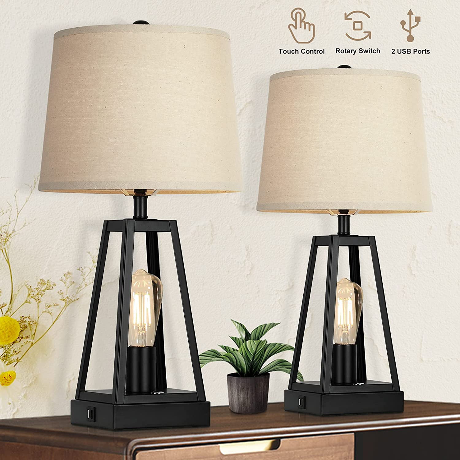 kalkoen Ontslag instructeur Set of 2 Touch Control Table Lamps, 3-Way Dimmable Bedside Nightstand Lamps  for Bedroom 2 USB Ports, Rotary Switch, 2-Light Modern Table Lamps with  Fabric Shades for Living Room End Table - Walmart.com