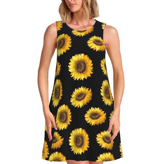 Balery Sunflower (2) Vestidos de verano para mujer con estampado: vestido holgado sin mangas, vestido playero informal y cómodo para días calurosos.