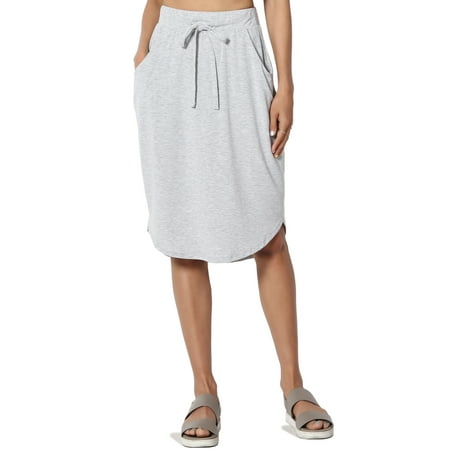 TheMogan Women's Drawstring Elastic Waist Curved Hem Jersey Pocket Midi Skirt