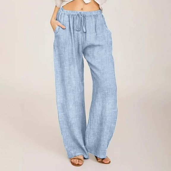 Sakmal Wide Leg Women's Pants Cotton Linen Casual Relaxed Fit Chinos High Waisted Striped Full Length Blue Pants