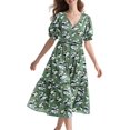 thumbnail image 1 of Vestido midi YESNO de verano con estampado floral con cuello en V y manga abullonada para mujer, 1 of 5