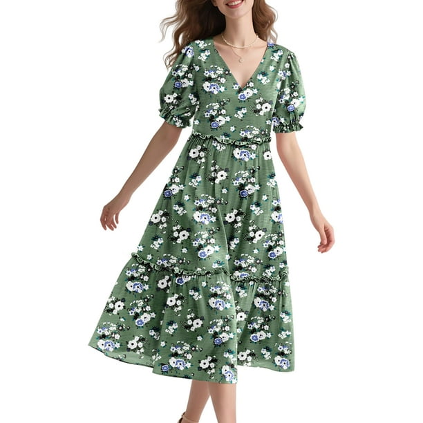 Vestido midi YESNO de verano con estampado floral con cuello en V y manga abullonada para mujer