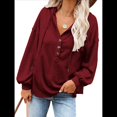 thumbnail image 2 of Sudadera con Capucha y Botones para Mujer, con Cuello en V, Larga y Cordón Ajustable. Camisetas Henley. Vino Tinto L, 2 of 8