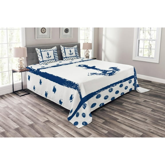 Ambesonne Anchor Quilted Bedspread Set 3 Pcs, Grunge Boat Navy Theme, Queen Size, Dark Blue White