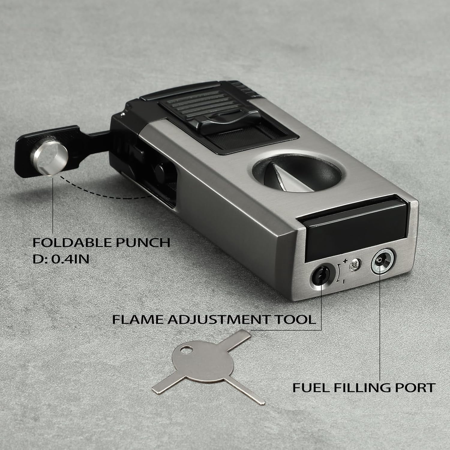 All in One Jet Flame Butane Torch Lighter Built-in Cutter V Cut, Punch, Holder Function, Draw Enhancer Tool, Refillable and Adjustable Windproof Gas Lighter, Black (Sold Without Gas)
