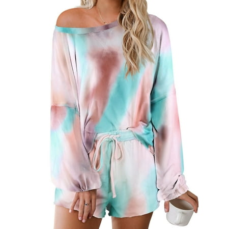 

Aleumdr Womens Tie Dye Pajamas Set Two Piece Long Sleeve Tops and Shorts Sleepwear Sets XL 16 18