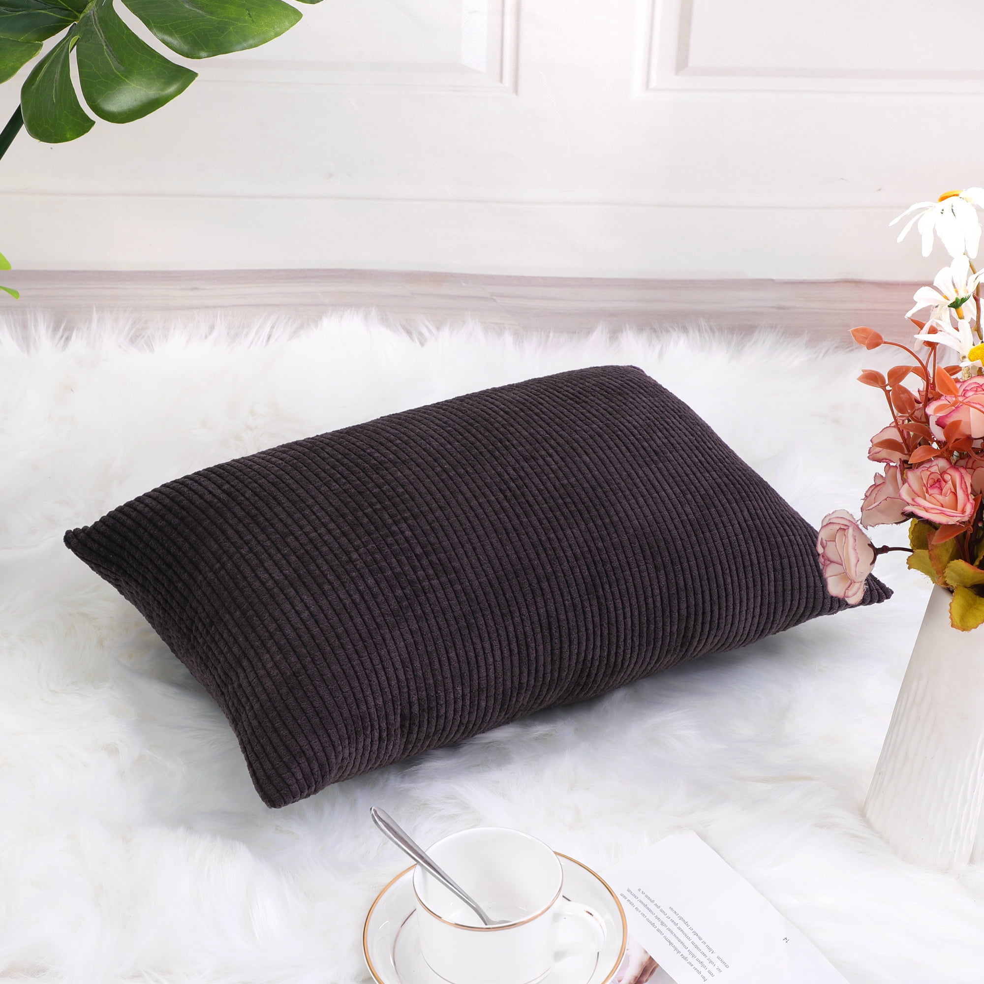 PiccoCasa Velvet Corn Striped Rectangle Throw Pillow Cover, Dark Brown, 12"x18"