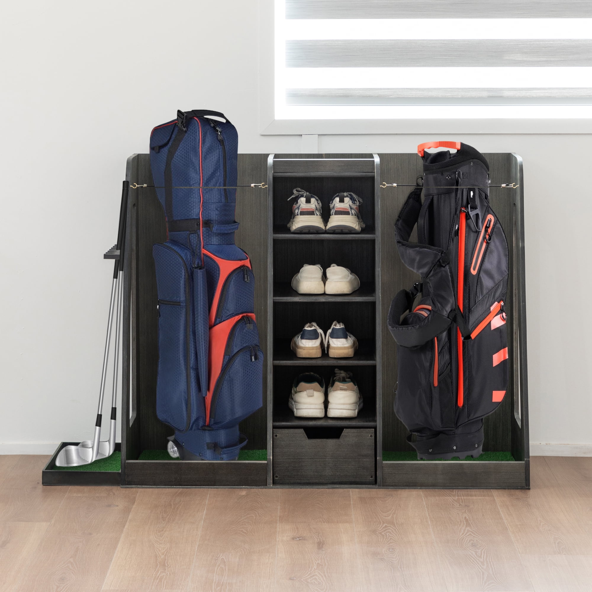 Miniyam Golf Bag Organizer with Drawers & Side Club Holders – Wooden 2 Bag Storage Rack, Heavy Duty, Gray