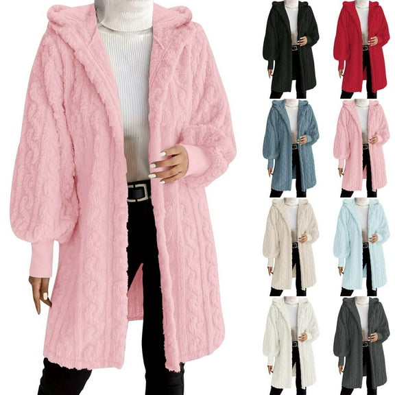 Aboser Women's Winter Hooded Coats Fuzzy Fleece Sherpa Jacket Thermal Open Front Cardigan Coat Loose Long Sleeve Outerwear Jackets