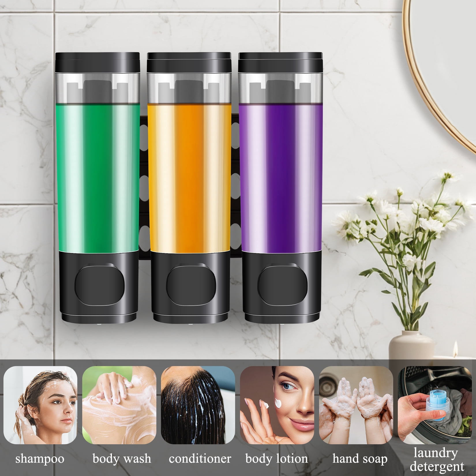 Shampoo Dispenser for Shower, Shower Shampoo Dispenser 3 Chamber, Shower Soap Dispenser Wall Mounted, Suitable for Bathroom, Kitchen, Hotel(Black)