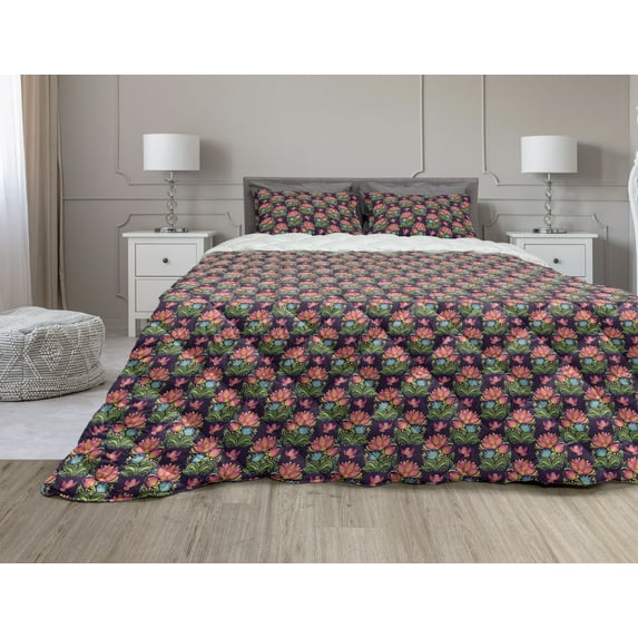 Floral Comforter & Sham Bedding Set, Folkloric Themed Cultural Ornamental Flowers Pattern Blooming Print, 3 pcs Duvet Set Microfiber Filling Quilt, 5 Sizes, Dark Purple and Multicolor, by Ambesonne