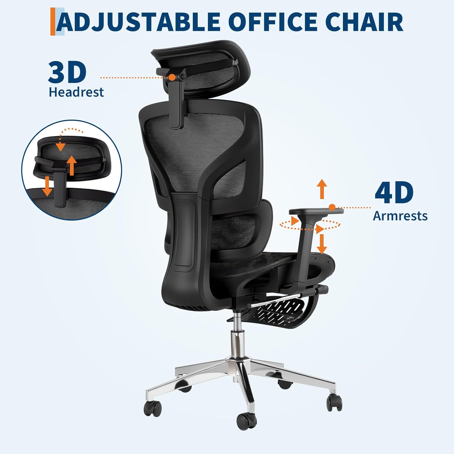 Ergonomic Mesh Office Chair with Footrest, Adjustable Armrests, Dynamic Lumbar Support, Recline & Tilt Function, High Back Design, Rolling Caster Computer Chair for Home Office, Black