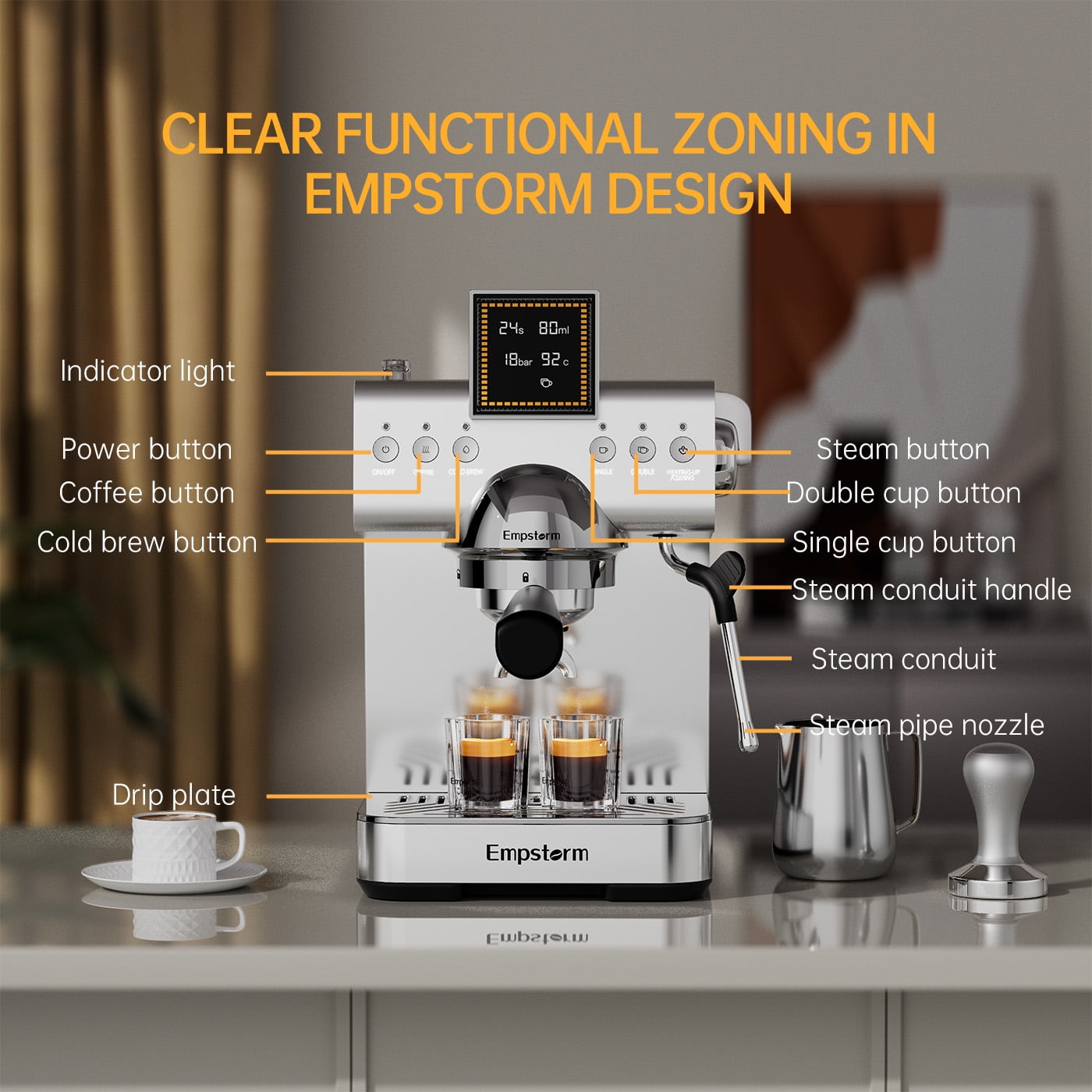 Empstorm Espresso Machine 20 Bar Steel Espresso Machines with Milk Frother, Cold & Hot Brew for Cappuccino/Latte/Ice Coffee, Home/Office/Cafe - CB2