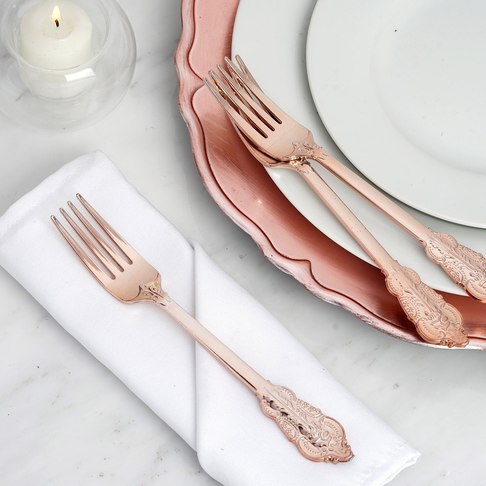 Efavormart 24 Pack | 8" Metallic Rose Gold Baroque Disposable Cutlery Plastic Forks for Wedding ...