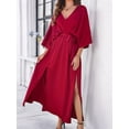 thumbnail image 6 of Women'S Satin Batwing Sleeve Cocktail Evening A Line Long Dress V Neck Ruched Loose Maxi Dress Wine Red L, 6 of 9