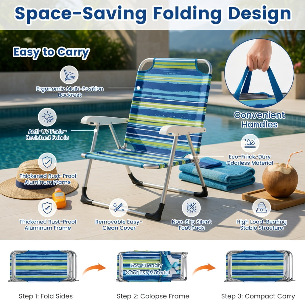 Hommoo Foldable Tanning Chair with Face & Arm Holes, Lightweight Aluminum Frame, Adjustable Recline, Portable Beach & Pool Lounge Chair, Multicolor