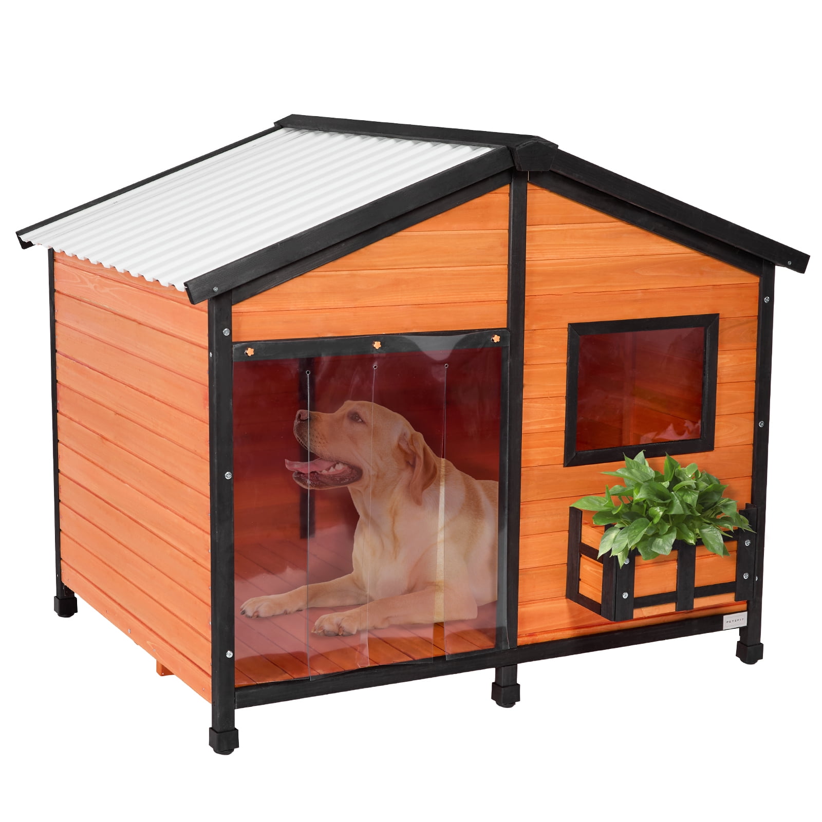 Petsfit Outdoor Dog House with Waterproof PVC Roof Removable Floor, Extra Large Wooden Dog House for 2 Medium Dogs, XXL Dog Houses with Window, Orange 47"