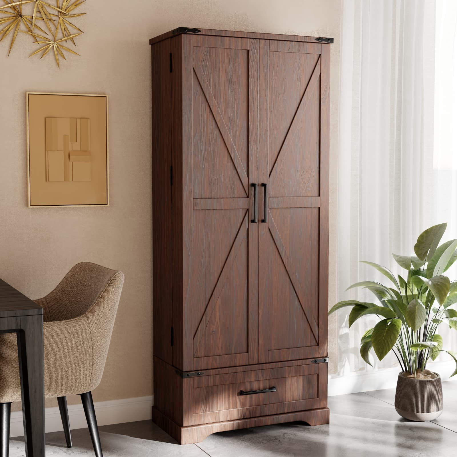 ACCOHOHO 72" Tall Kitchen Pantry Cabinet, Farmhouse Wood Storage Cabinet with Doors, Adjusting Shelves and Organizer, Cupboard for Kitchen, Dining Room, Bathroom, Brown