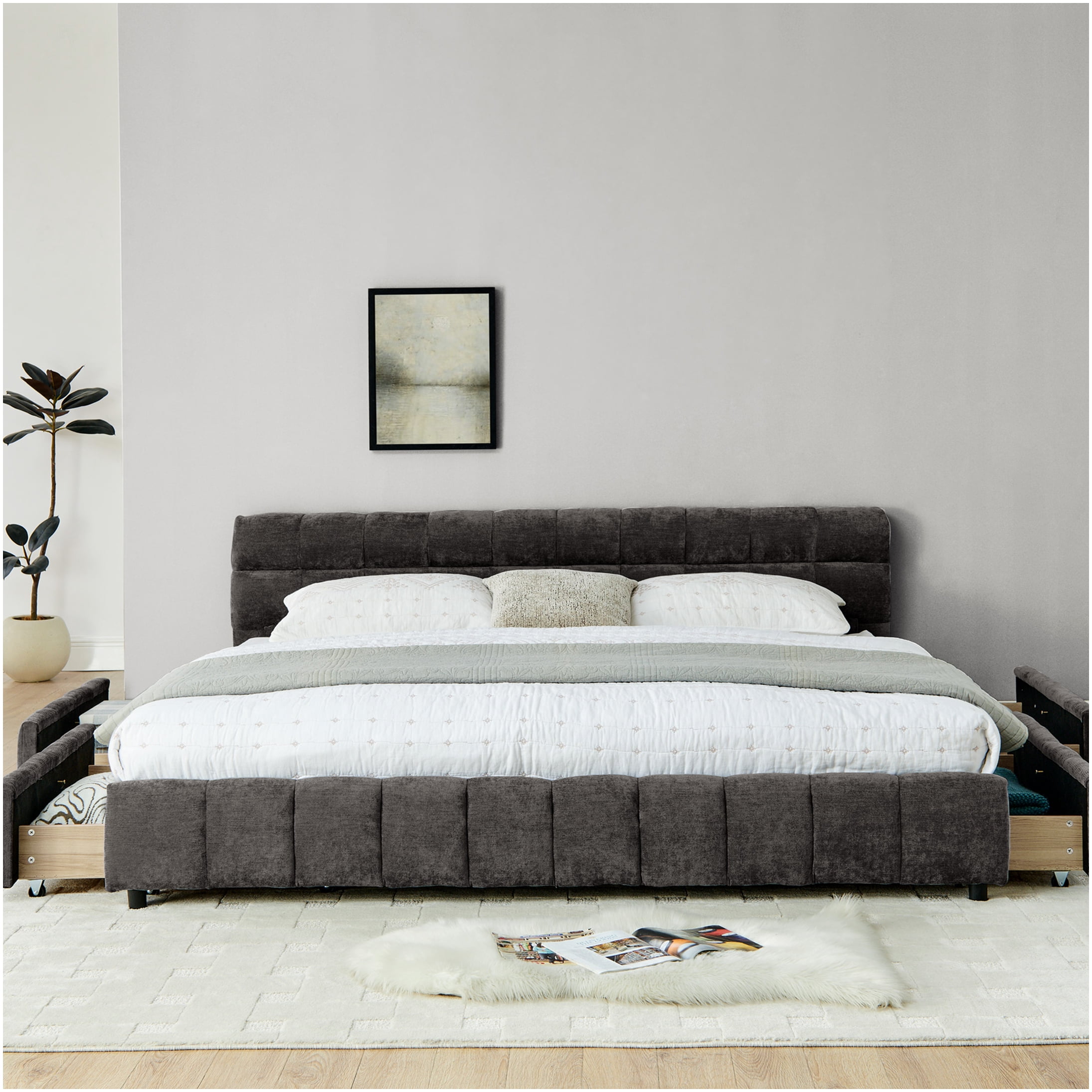 King Size Upholstered Storage Bed Frame with Headboard and Drawers, Modern Platform Bed with Ample Storage Space