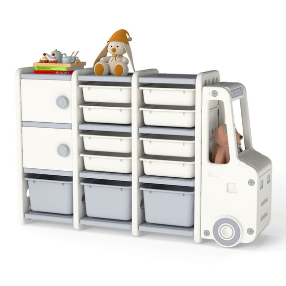 Costway Kids Toy Storage Organizer with 2 Cabinets & 11 Removable Bins for Playroom,Bedroom