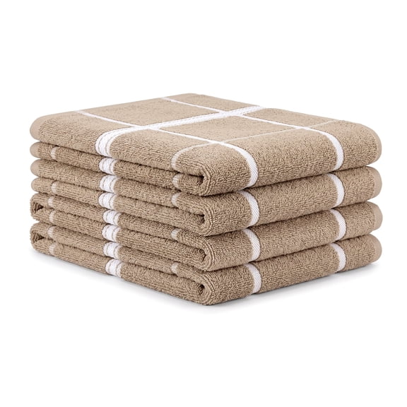 MALLOWEX Terry Kitchen Towels, Super Soft and Absorbent, Solid Checks, Dish Towels, Tan, 4-Count, 16 x 26 Inches