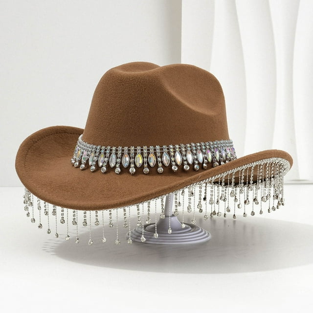 TINZ Stylish Cowboy Hat For Women And Men Western Hat With Large Round Gemstone Fringe Rhinestone Decorations For Parties And Events Cowboy Hat Party Necklace Cowboy Hat