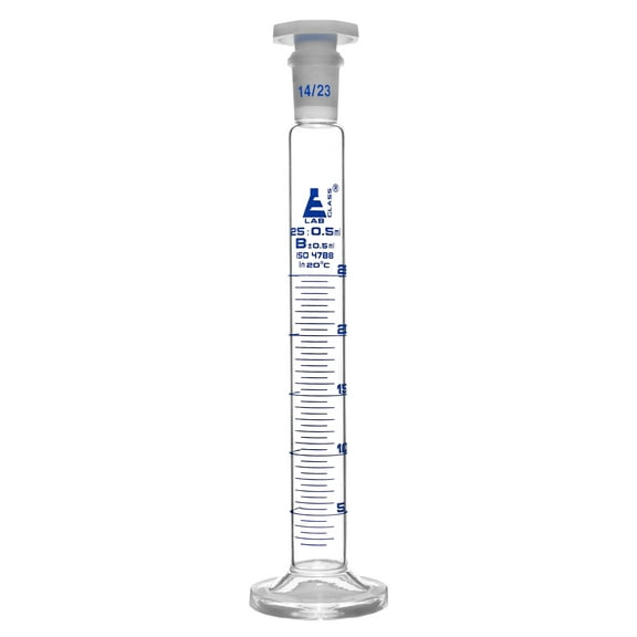 Measuring Cylinder, 25ml - Class B - Fitted with Interchangeable 14/23 Polypropylene Stopper - Sub. Div.: 0.5ml, Tolerance: 0.5ml - Round Base, Blue Graduations - Borosilicate Glass - Eisco Labs