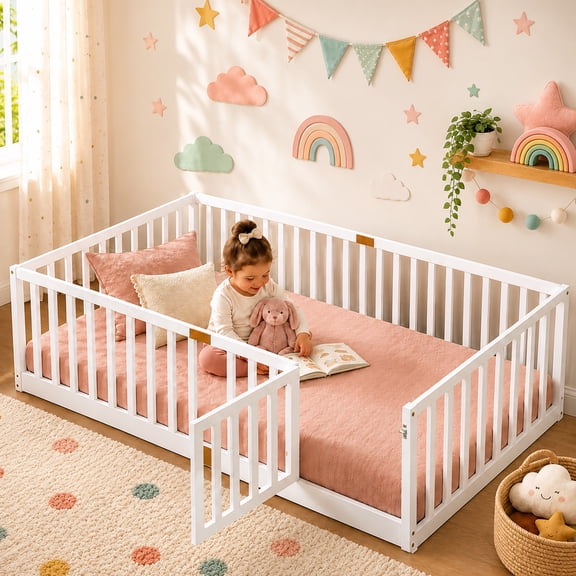 SESSLIFE Twin Montessori Floor Bed Frame with High Rails and Door, Wood Twin Floor Bed with Slats, Low Profile Kids Bed Frame for Boys Girls, No Box Spring Needed, White